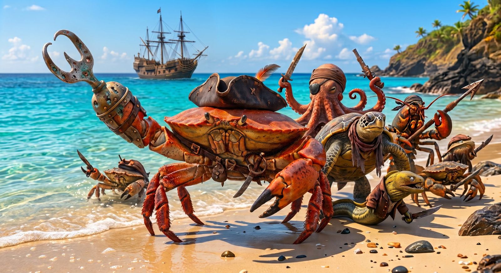 A crab pirate in a tricorn hat with an iron hook for a claw leads a crew of sea creatures, an octopus with an eyepatch, a turtle, a lobster with a harpoon, a moray eel and more crabs, across a tropical beach, with a galleon at anchor behind them.